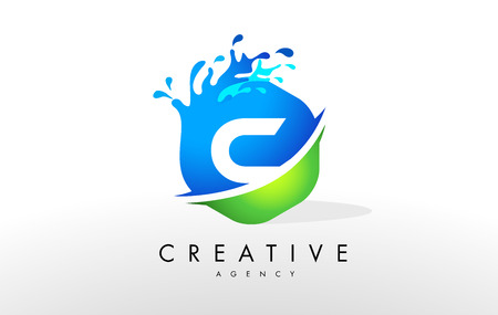 C Letter Logo. Blue Green Splash Design Vector with Water Drops.の写真素材