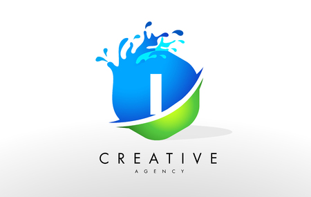 I Letter Logo. Blue Green Splash Design Vector with Water Drops.の写真素材