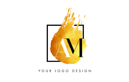 AM Gold Letter Brush Logo. Golden Painted Watercolor Background with Square Frame Vector Illustration.のイラスト素材