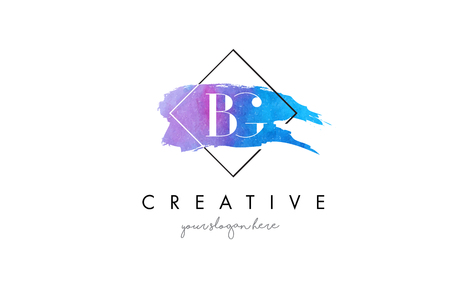 BG Watercolor Letter Brush Logo. Artistic Purple Stroke with Square Design.のイラスト素材