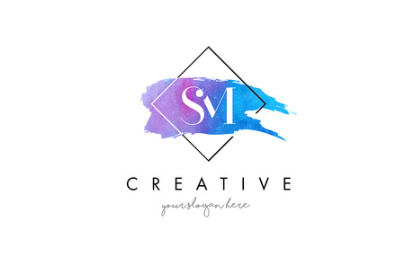 SM Watercolor Letter Brush Logo. Artistic Purple Stroke with Square Design.BC Watercolor Letter Brush Logo. Artistic Purple Stroke with Square Design.のイラスト素材