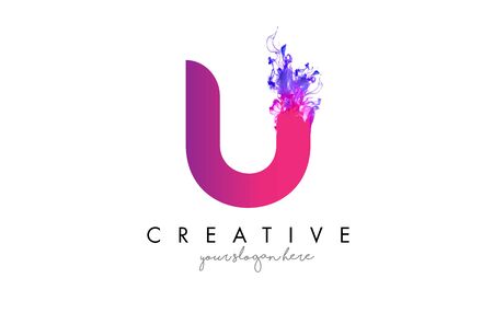 U Letter Logo Design with Ink Cloud Flowing Texture and Purple Colors.のイラスト素材