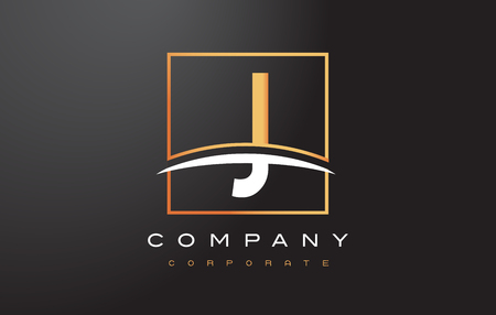 J Golden Letter Logo Design with Swoosh and Rectangle Square Box Vector Design.のイラスト素材