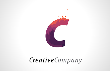 C Letter Logo Design with Purple Orange Forest Texture Flat Vector Illustration.のイラスト素材