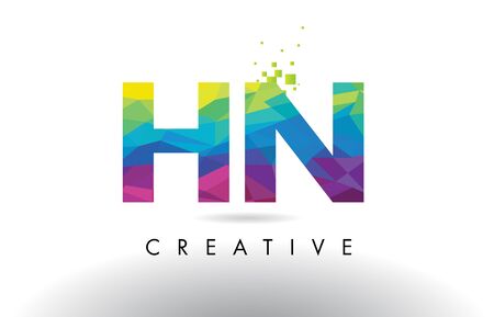 HN H N Colorful Letter Design with Creative Origami Triangles Rainbow Vector.のイラスト素材