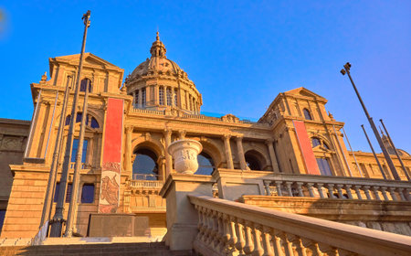 BARCELONA, SPAIN, PALAU NACIONAL - 28 MAY 2017. Tourists visiting the Nacional Palace / Palau Nacional at Sunset.のeditorial素材
