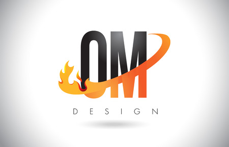 OM O M Letter Logo Design with Fire Flames and Orange Swoosh Vector Illustration.のイラスト素材