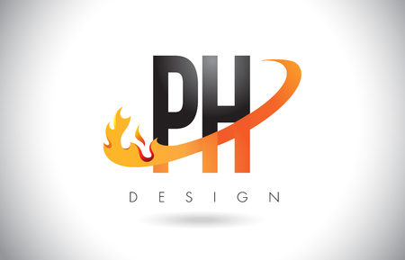 PH P H Letter Logo Design with Fire Flames and Orange Swoosh Vector Illustration.のイラスト素材