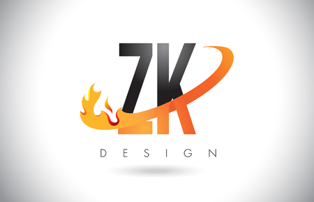 ZK Z K Letter Logo Design with Fire Flames and Orange Swoosh Vector Illustration.のイラスト素材