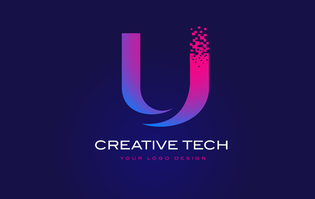 U Initial Letter Logo Design with Digital Pixels in Blue and Purple Colors.のイラスト素材