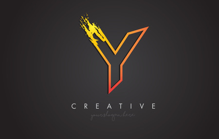 Y Letter Design with Golden Outline and Grunge Brush Texture. Vector Illustration.のイラスト素材