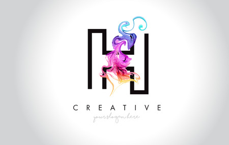 H Vibrant Creative Leter Logo Design with Colorful Smoke Ink Flowing Vector Illustration.のイラスト素材