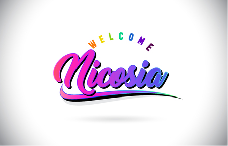 Nicosia Welcome To Word Text with Creative Purple Pink Handwritten Font and Swoosh Shape Design Vector Illustration.のイラスト素材