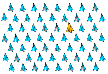 Leadership concept with Yellow paper plane leading among Blue paper planes on White background Vector.のイラスト素材