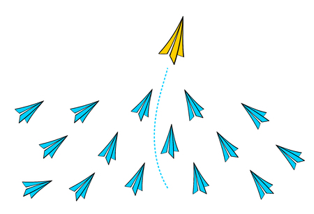 Leadership concept with Yellow paper plane leading among Blue paper planes on White background Vector.のイラスト素材