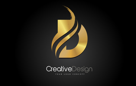 Gold Metal D Letter Design Brush Paint Stroke. Letter Logo on Black Bakgroundのイラスト素材