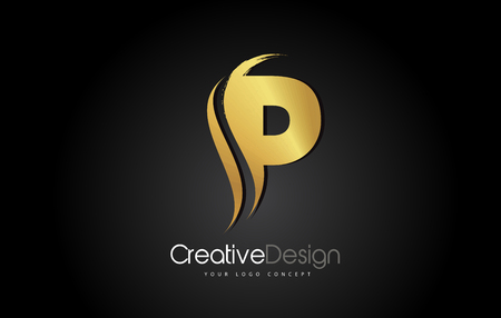 Gold Metal P Letter Design Brush Paint Stroke. Letter Logo on Black Backgroundのイラスト素材