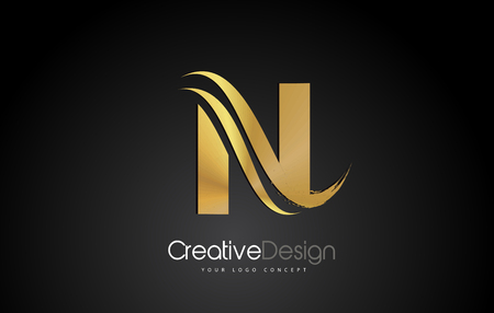 Gold Metal N Letter Design Brush Paint Stroke. Letter Logo with Black Backgroundのイラスト素材