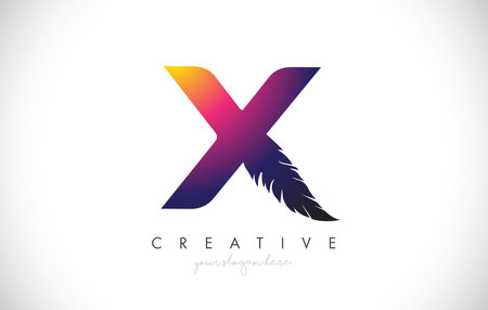X Feather Letter Logo Icon Design With Feather Feather Creative Look Vector Illustration in Purple Magenta Colors.のイラスト素材