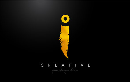 I Golden Gold Feather Letter Logo Icon Design With Feather Feather Creative Look Vector Illustration in Golden Metal Colors.のイラスト素材