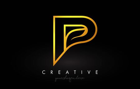 Letter P Golden Monogram Leaf Logo Icon Design with Gold Yellow Colors Vector Illustration.のイラスト素材