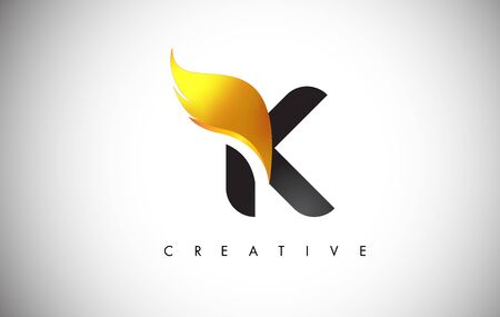 Gold K Letter Wings Logo Design Icon. Flying Wing Letter Logo with Creative Golden Wing Concept.のイラスト素材