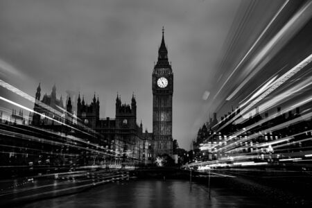 London at Night with Big Ben and light trails. Black and White Photographyの写真素材