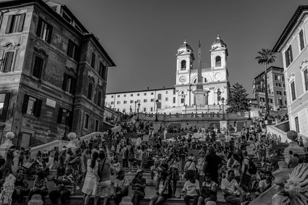 ROME,ITALY - JULY 17,2018 : Tourists Visiting The Spanish Steps in Rome Italy Black and White Photographyの写真素材