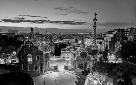 Park Guell In Barcelona Spain at Sunrise with Gaudi Architecture. Black and White Photographyのeditorial素材