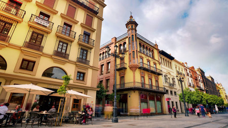 Seville, Spain - 10 February 2020 : Architecture on the Main Boulevard in Beautiful Seville Spain City Centerのeditorial素材