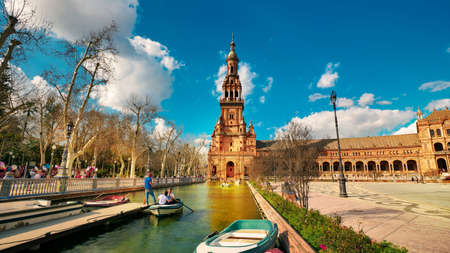 Seville, Spain - 10 February 2020 : Plaza de Espana Spain Square with Boats on the Canal in Beautiful Seville Spain City Centerのeditorial素材