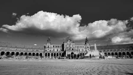 Seville, Spain - 10 February 2020 : Black and White Photography of Plaza de Espana Spain Square Architecture Wide View in Beautiful Seville Spain City Centerのeditorial素材