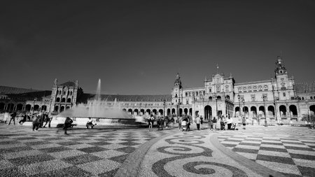 Seville, Spain - 10 February 2020 :Black and White Photography of Plaza de Espana Spain Square...