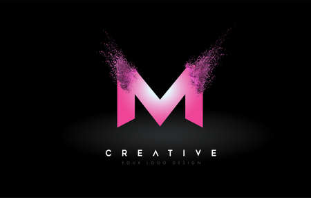 M Letter Logo with Dispersion Effect and Purple Pink Powder Particles Expanding Ash Vector Illustration.の写真素材