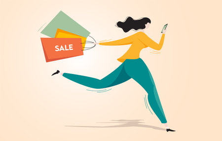 Woman Girl Running for Shopping Sales with Mobile Phone in Hand. Online Shopping Sale Flat Vector Illustration Conceptのイラスト素材