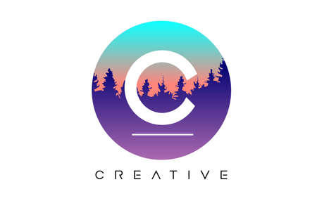 Creative C Letter Design with Pine Forest Vector Shapes and Pastel Circular shape Color Illustrationのイラスト素材