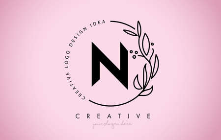 N Letter Floral Logo Design with Creative Elegant Leaf Monogram Branch Line Vector and Pink Black Colors Illustration.のイラスト素材