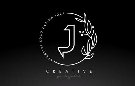 J Letter Logo with Floral Monogram Line Design and Circular Shape Vector. Elegant Leaf Botanical Design in Black and White Colors.のイラスト素材