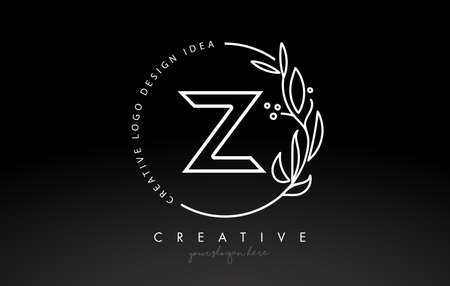 Z Letter Logo with Floral Monogram Line Design and Circular Shape Vector. Elegant Leaf Botanical Design in Black and White Colors.のイラスト素材