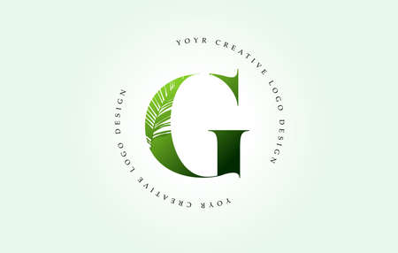 Exotic Letter G Logo with Palm Tree Leaf Pattern Texture Design Logo Icon. Creative Palm Tree Letter Logo with Modern Leafs Organic Natural Bio Idea.のイラスト素材