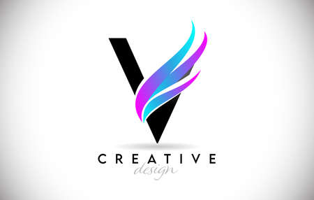 Letter V with creative gradient swooshes. Creative elegant Letter V design with colorful blue purple Vector Icon.のイラスト素材