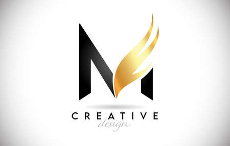 Wing Letter M with Golden Elegant Minimalist Design. Creative M letter Swoosh Icon Vector Illustration.のイラスト素材