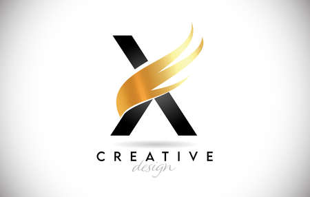 Wing Letter X with Golden Elegant Minimalist Design. Creative X letter Swoosh Icon Vector Illustration.のイラスト素材