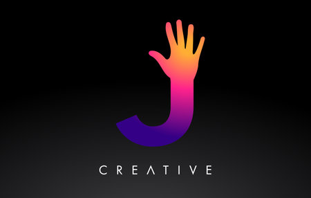 Purple Letter J Logo with Hand Vector Icon Illustration. Creative Hand Logo Letter in Black and...