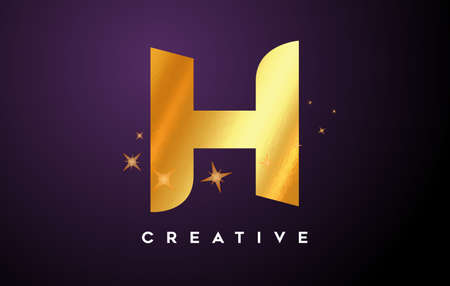Gold H Letter Logo with Golden Glitter Stars and Gold Foil Texture Icon. Letter H with Golden stars and magical look Vector Illustration.のイラスト素材