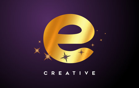 Gold E Letter Logo with Golden Glitter Stars and Gold Foil Texture Icon. Letter E with Golden stars and magical look Vector Illustration.のイラスト素材