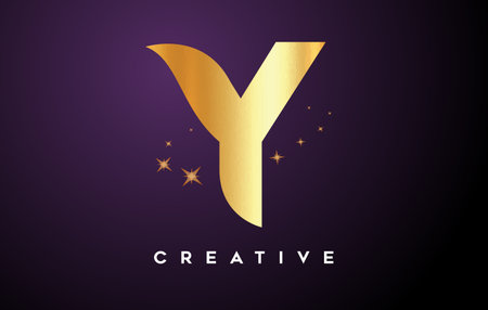 Gold Y Letter Logo with Golden Glitter Stars and Gold Foil Texture Icon. Letter Y with Golden stars and magical look Vector Illustration.のイラスト素材
