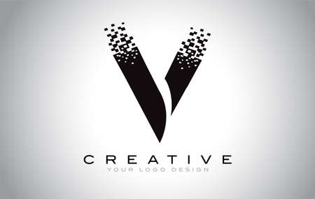 V Initial Letter Logo Design with Digital Pixels in Black and White Colors.のイラスト素材