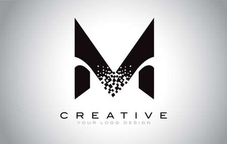 M Initial Letter Logo Design with Digital Pixels in Black and White Colors.のイラスト素材
