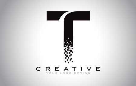 T Initial Letter Logo Design with Digital Pixels in Black and White Colors.のイラスト素材